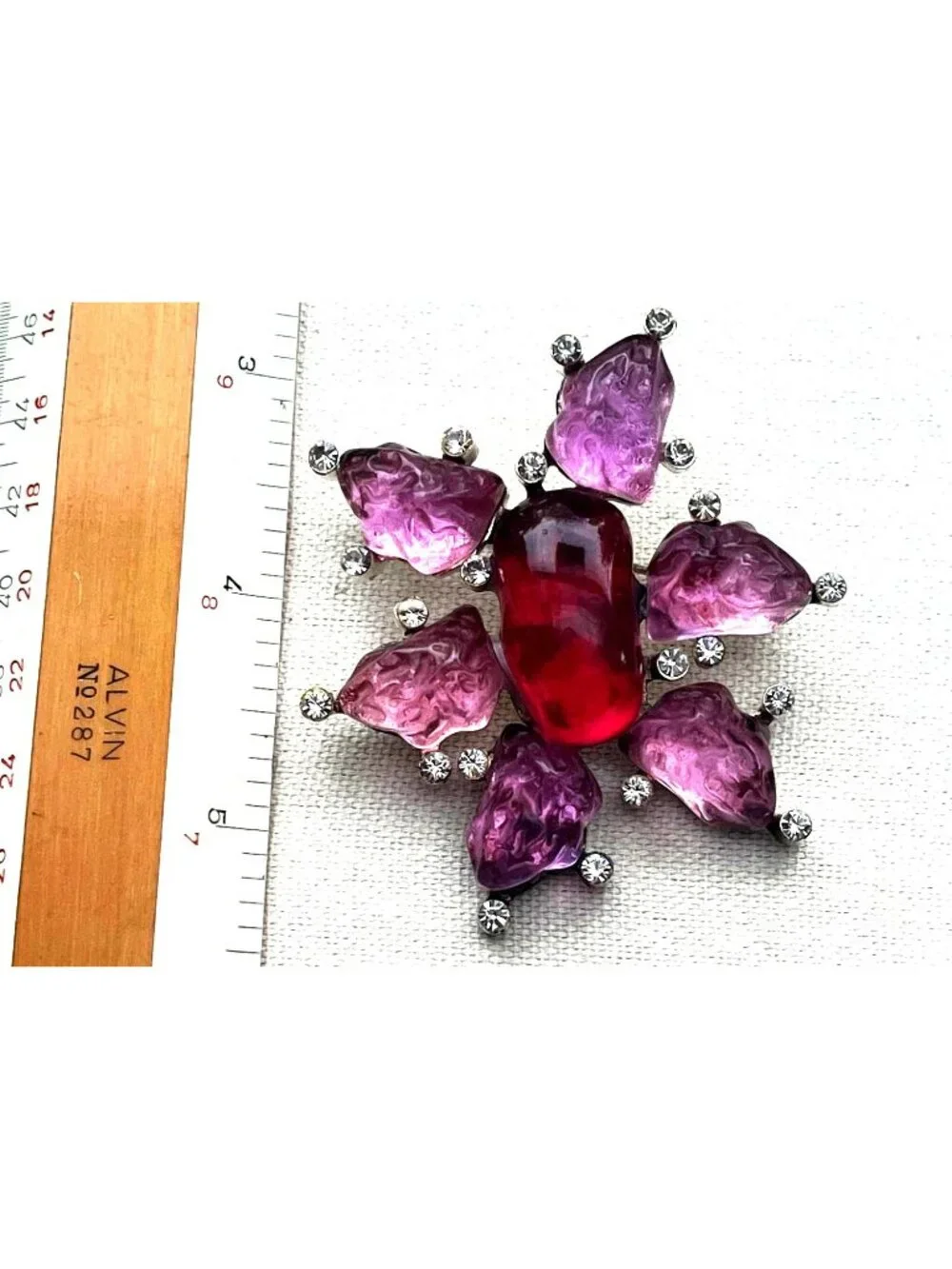 Vtg Cecile & Jeanne Poured Glass Brooch Pendant Gripoix Style W/ Pink Glass & Rh